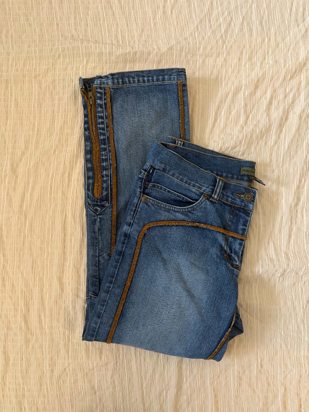 Blue biker Jeans with Brown Trim -